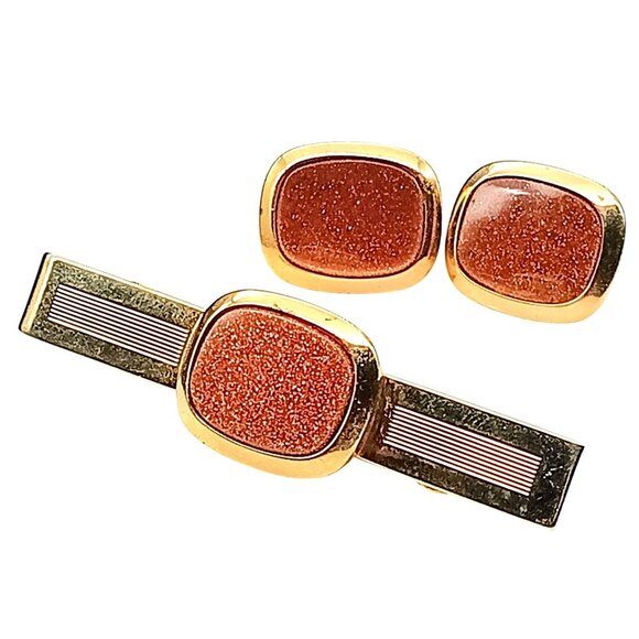 Vintage Anson Gold & Copper Goldstone Cufflinks Tie Clip Set Midcentury Formal A - Picture 1 of 3